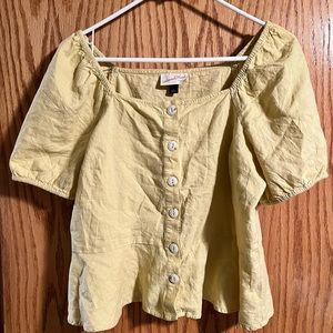 NW Universal Thread Button-Up Linen Square Neck Puff Sleeve Peplum Top Size L